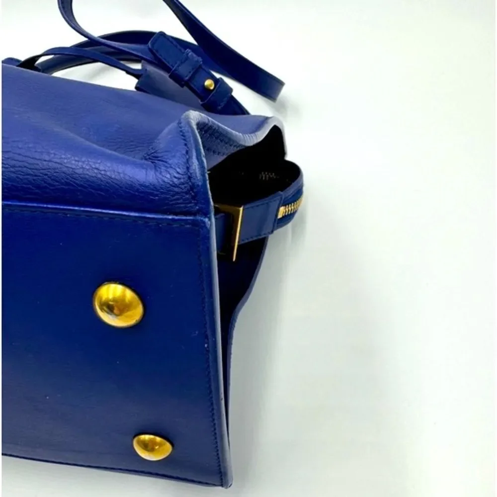 Auth Saint Laurent Small Classic Ligne Y Blue Leather Paris Chyc Cabas Tote 2way